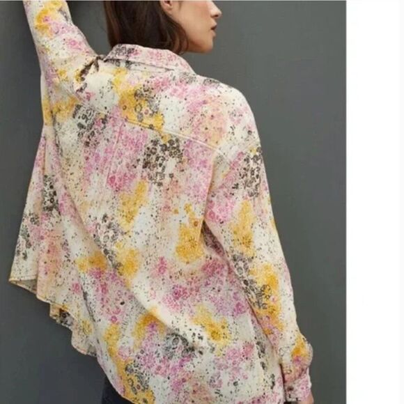 Pilcro Smocked Buttondown Shirt Size Large Oversized Relaxed Speckled Floral - Picture 9 of 13